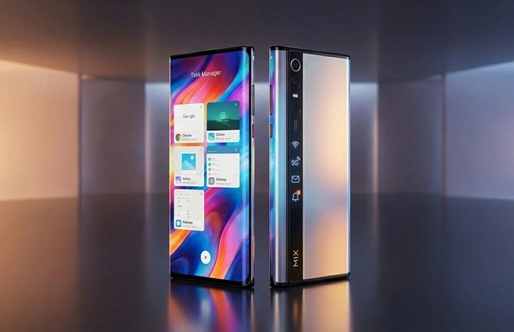 Xiaomi Mi Mix Alpha futuristic wraparound display front and back view