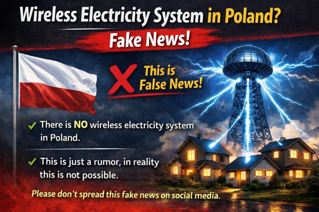 Illustration showing wireless power transmission in Poland with city skyline and electric towers