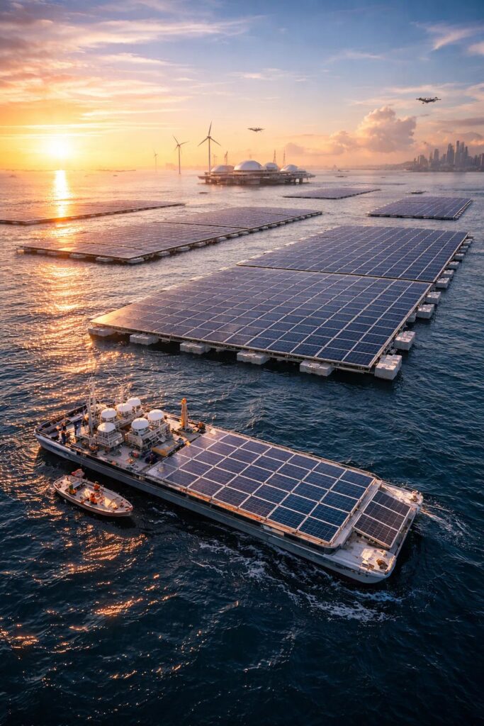 Solar panel ships producing electricity on ocean seawater using advanced technology