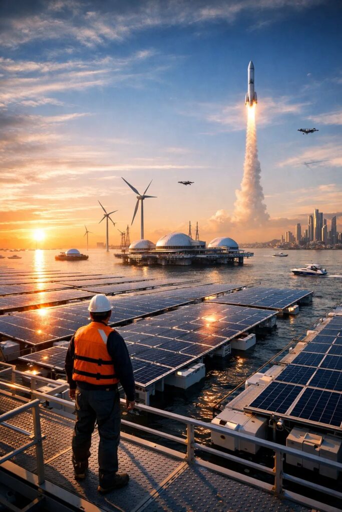 Floating solar panel ships generating clean electricity on seawater near coastal regions