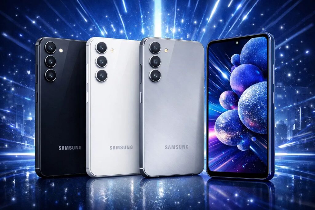 Samsung Galaxy A57 5G futuristic blue promotional image showing smartphone with expected US price