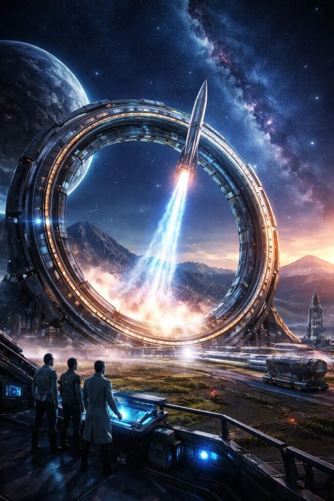 Futuristic SpinLaunch system spinning a rocket to launching it into space