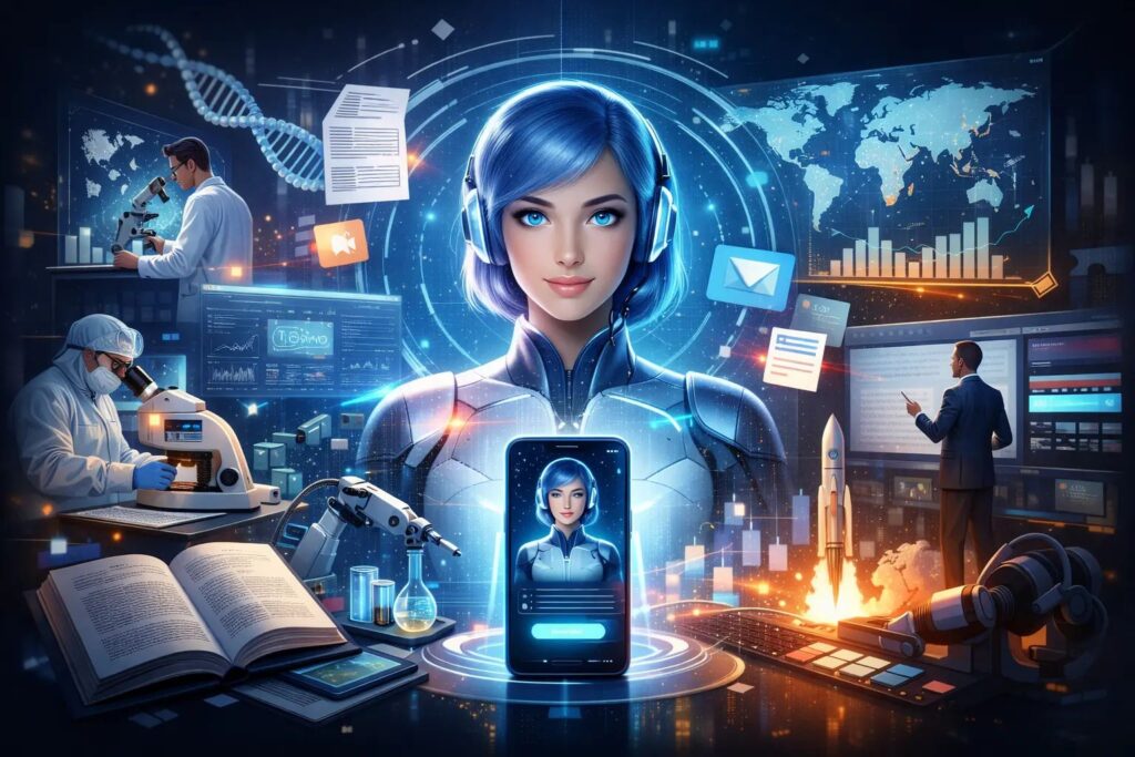 Futuristic AI assistant Ella by TECNO handling deep research projects.