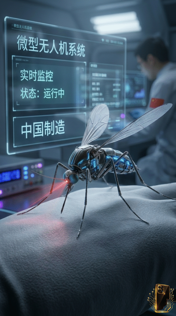 Mosquito-shaped spy drone flying inside a room demonstrating futuristic micro surveillance technology.