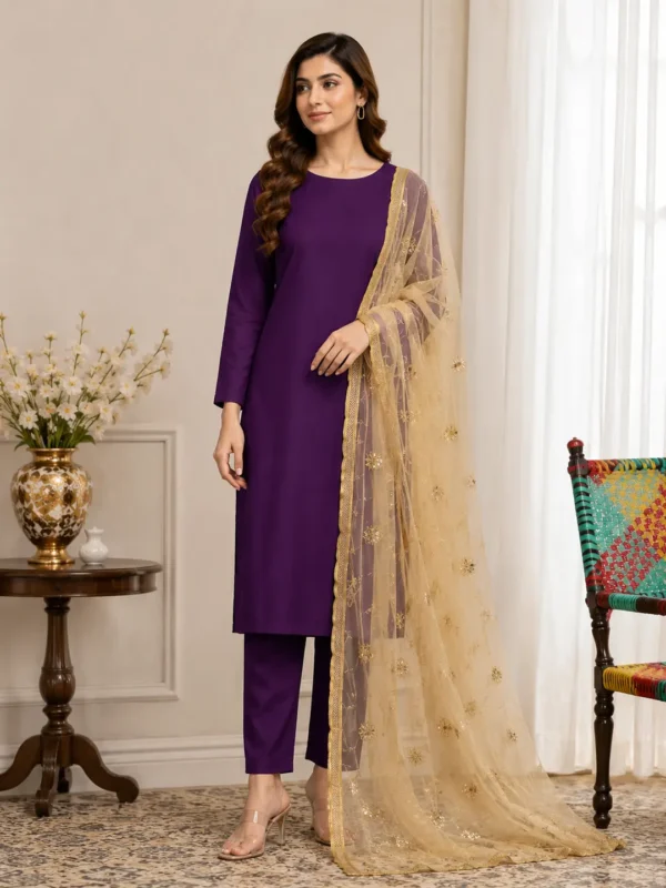 3 Pcs Women's Unstitched Plain Suit katan shirt & trouser 3085 2 mz3085200042tezbcn 764343001 product 1.webp